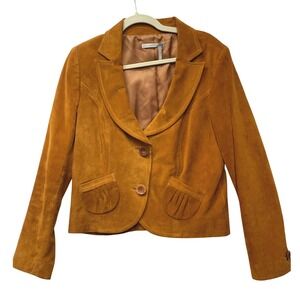 Classiques Entier 100% Leather Suede Blazer Jacket Golden Brown Wood Button L‎